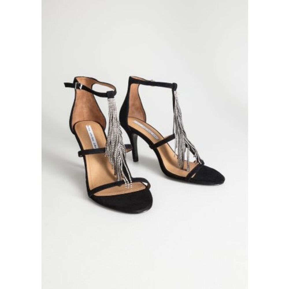 & Other Stories Crystal Fringe Tassel Embellished Suede T‑Strap Heels in Black